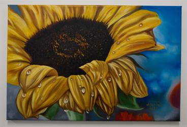Ručně malovaný obraz na plátně květiny Slunečnice, ranní rosa