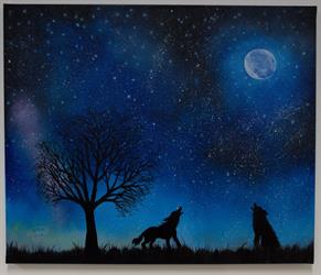 Ručně malovaný obraz na plátně krajina Hvězdna noc s vlky