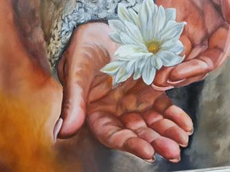 Ručně malovaný obraz na plátně romantika Ruce, kytka ve dlaních