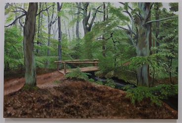Ručně malovaný obraz na plátně krajina Jarní les, lávka