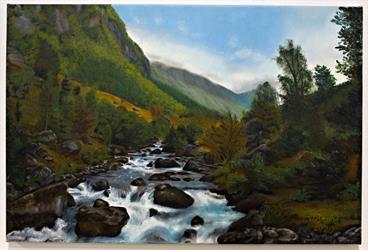Ručně malovaný obraz na plátně krajina Prudký horský potok