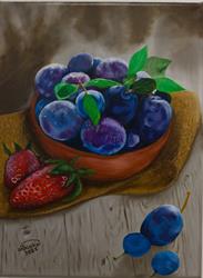 Ručně malovaný obraz na plátně ovoce Švestky v misce